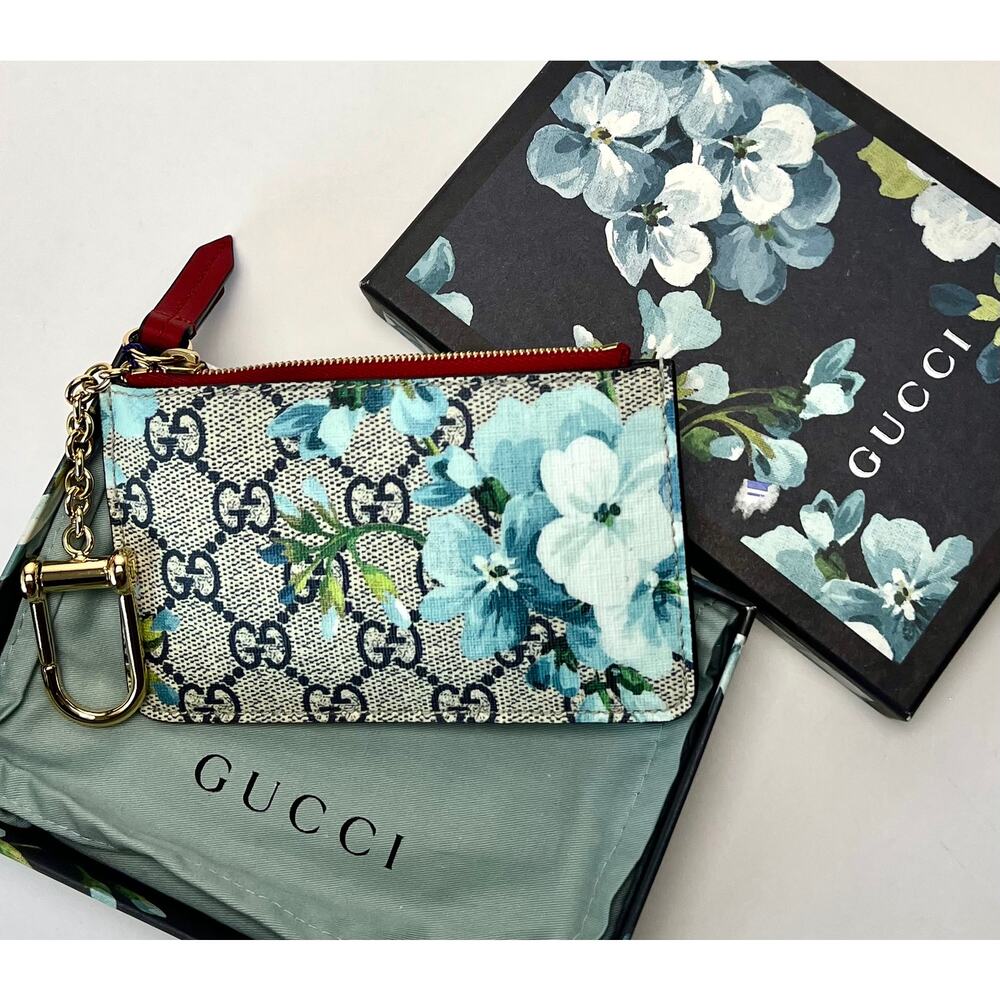 Gucci GG Blooms Floral Blue Card Case Wallet Key Pouch